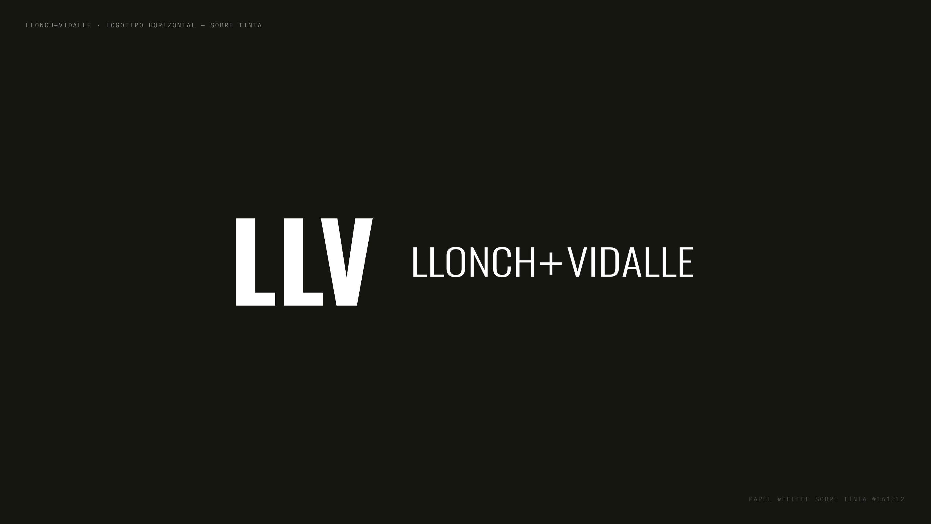 The horizontal LLV logotype set in white on ink, the three letterforms at left and LLONCH+VIDALLE beside them.